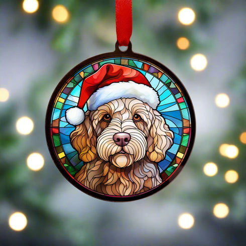 Labradoodle Golden in Santa Hat Suncatcher Decoration